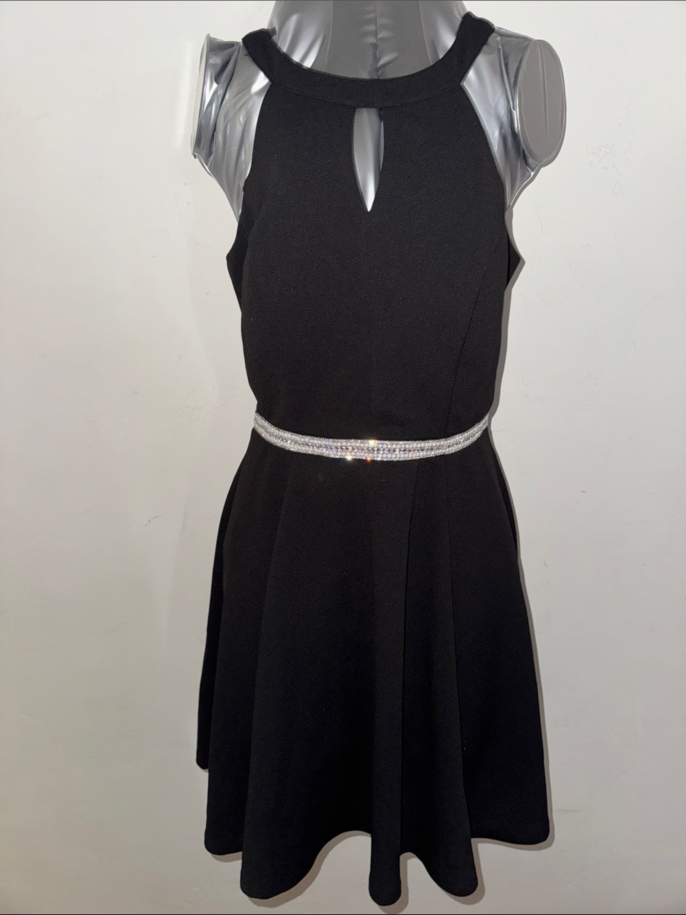 Emerald Sundae Black Mini Dress with Rhinestone Waistband
